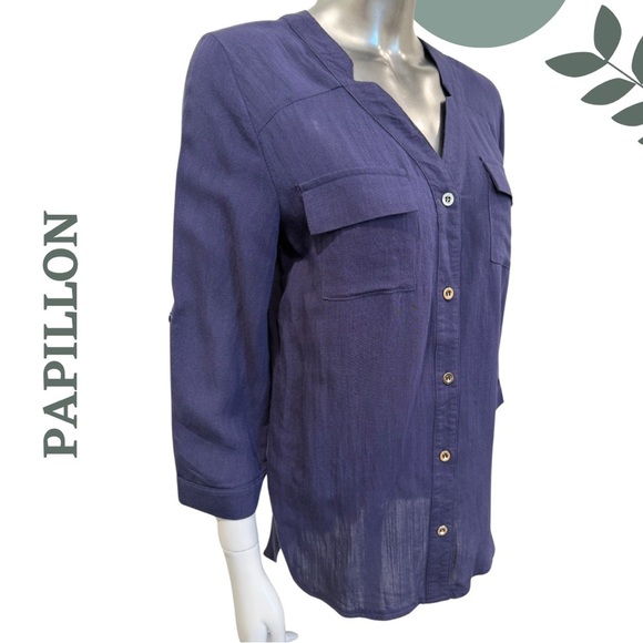 Papillon Navy Button-Up Shirt Tunic with Roll Sleeves | Relaxed Fit Size XS - Picture 4 of 7